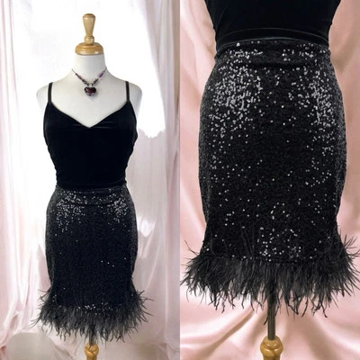 Mini Vestido Guess Negro Terciopelo Lentejuelas Ajustado Borde Pluma Glamour Fiesta Cóctel 10 Foto 1 de 4