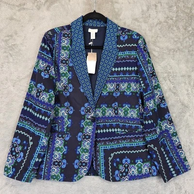 Chico's Blazer женщин 2 синий зеленый Veronica смесь печати 3/4 рукав 1 кнопка с подкладкой - Изображение 1 из 4