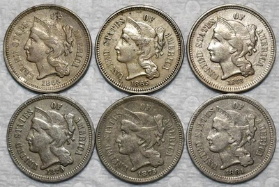 6x VF-AU Nickel Three Cent Pieces, 2x 1865, 1868, 1870, 1875, and 1881 - Image 1 of 2