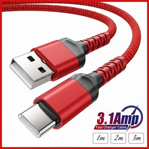 USB A to USB-C Cable 3A Samsung Fast Charger Braided Long Type C Lead 1M 2M 3M - Picture 1 of 12