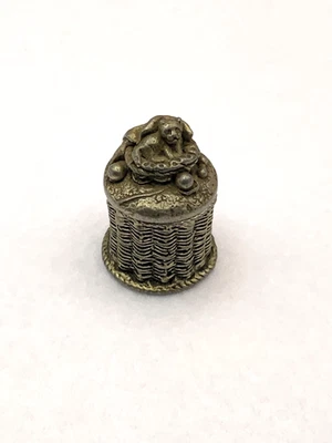 Vintage Cat A E Williams Pewter Pill Box  Trinket, Cat on Basket, Miniature - Image 1 of 4