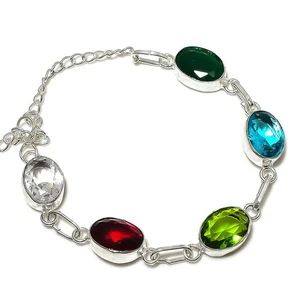 Peridot, Garnet Gemstone Handmade 925 Sterling Silver Bracelet 7-8" - Picture 1 of 3