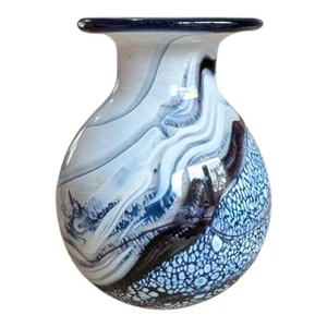 Signed Gozo Blue White Glass Noire Vase Small Maltese - Picture 1 of 8