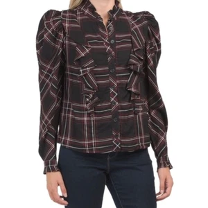 Rachel Rachel Roy New Size S Plaid Ruffle Puff Shoulder Button Up Blouse Top - Picture 1 of 6