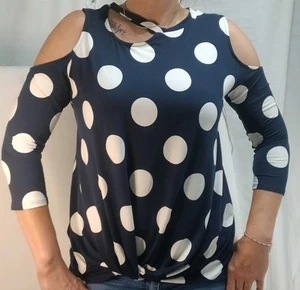 White Birch Blouse M Navy Polka Dot Cut Out Shoulder Keyhole Knot Front Soft - Picture 1 of 12