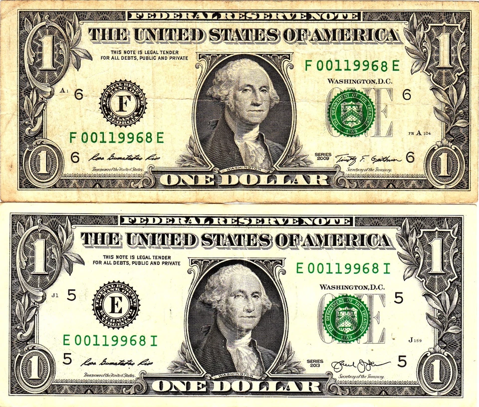 $1 2009  2013  Fancy Serial MATCHING LOW SERIALS F00119968E  E00119968I - Image 1 of 1