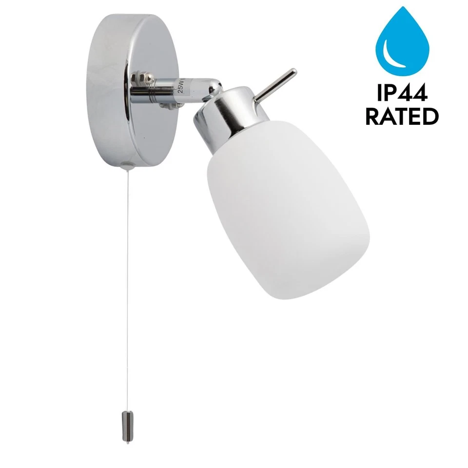 Modern Polished Chrome & Glass Ip44 Bathroom Wall Light With Pull Cord Switch