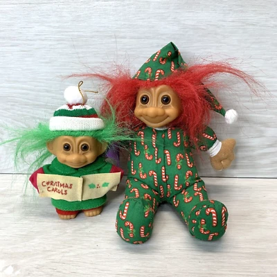 VINTAGE 90's RUSS Troll Christmas Caroler Boy Ornament & 7" Troll w Pajamas - Image 1 of 4
