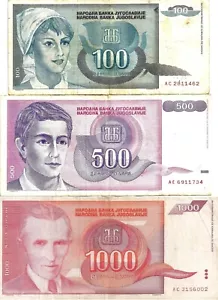 LOTE DE 3 BILLETES DIFERENTES DE YUGOSLAVIA DE 1992 BILLETES CIRCULADOS - Imagen 1 de 4