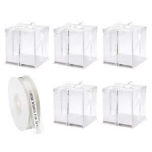 Clear Cake Box with Ribbon, 5Pcs 9"x9"x9" for 6 Inch Cake Packing (White)