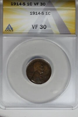 1914-S   .01   ANACS   VF 30    Lincoln Head Cent, Lincoln One Cent - Image 1 of 2