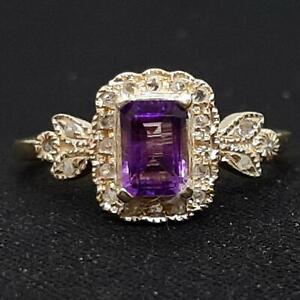 Genuine 1.25ctw Amethyst & H-SI Diamond 14K Yellow Gold 925 Sterling Silver Ring