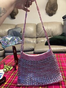Vtg Handmade Pop Top Crocheted Bag Pink White And Silver