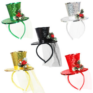 MINI GLITTER TOP HAT WITH HOLLY CHRISTMAS HEADBAND VEIL LADIES PARTY FANCY DRESS
