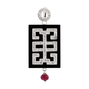 Black Onyx Diamond Ruby Pendant 18K White Gold Rectangle 1.75" Vintage - Picture 1 of 5