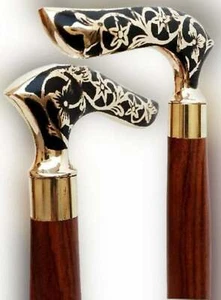 Antique Nautical Victorian Cane Black & White Flower Leaf Wooden Walking Stick - Picture 1 of 4