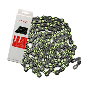PYC DLC SP1101 11-Spd Hollow Ultralight Road MTB CX Chain 116L, Black/Green - Picture 1 of 10