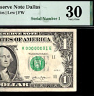 2013 $1 Federal Reserve Note Dallas Pmg 30 crazy rare serial number 00000001