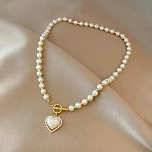Fashion 18k Gold Plated Crystal Heart Pendant Pearl Chain Necklace Womens Choker - Picture 1 of 17