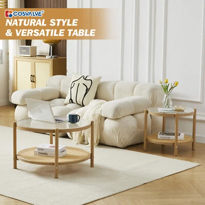 Set of 2 Round Rattan Coffee Table Glass Metal 2-Tier Side End Table Living Room - Image 1 of 4