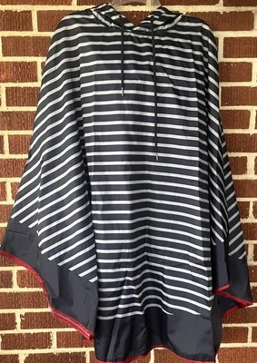 Charlie Paige Blue and White Striped with Red Trim Rain Poncho One Size NWT - Image 1 of 3