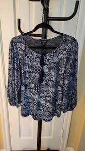 Lucky Brand Floral Shirt Top Women's Blue Tasseled Long Sleeve Size S/P - Picture 1 of 10