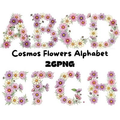 Watercolor Cosmos Flowers Alphabet Letters Clipart PNG For Sublimation - Image 1 of 4