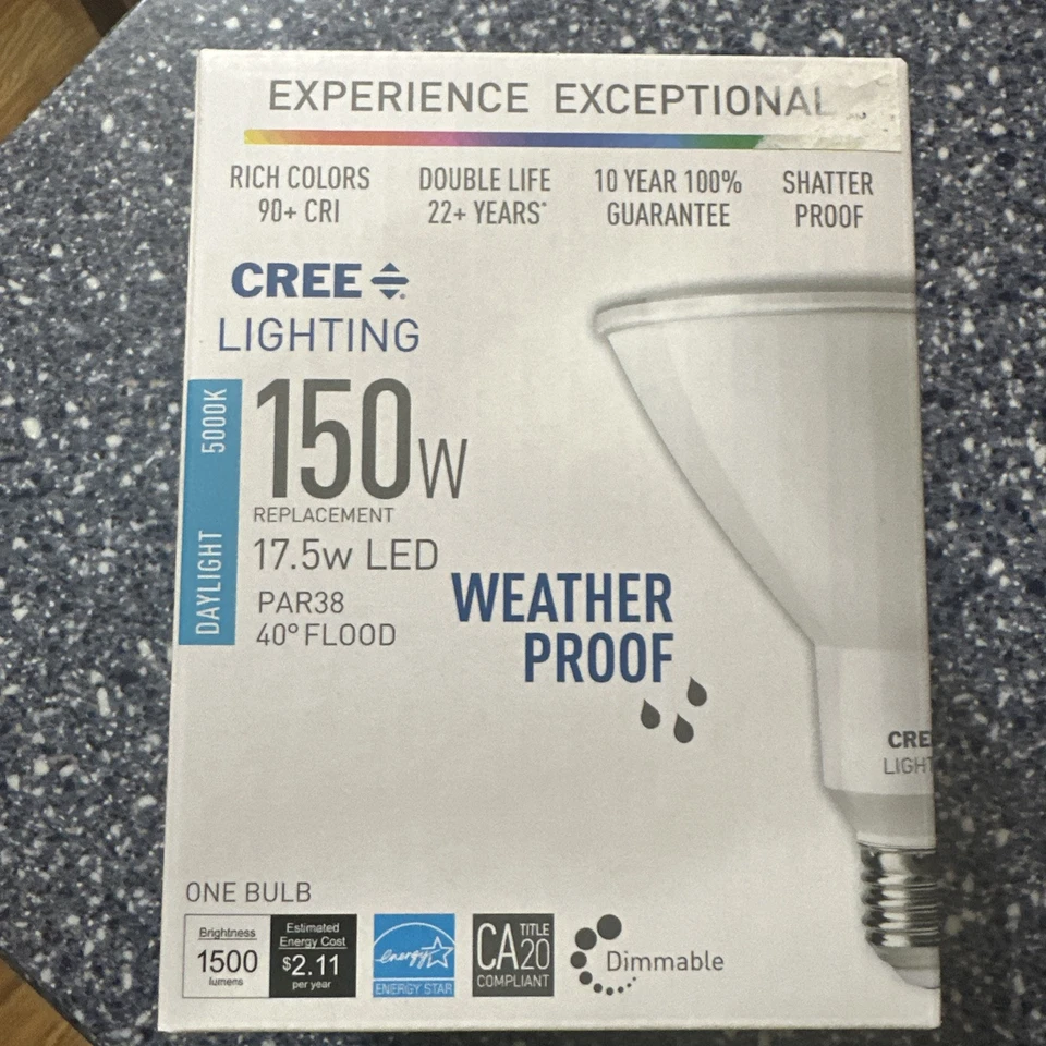 Cree 150W Equivalent Daylight 5000K PAR38 Dimmable Weatherproof Flood Light S10 - Image 1 of 4