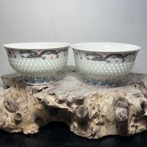 Pair of Rice grain linglong Bowls Dragon and waves - Picture 1 of 9