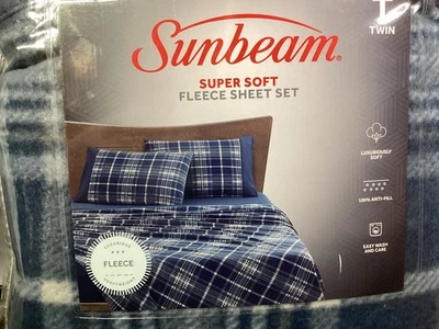 Juego de sábanas de lana Sunbeam Twin Stanley azul a cuadros NIP, antipíldora, fácil lavado, suave Foto 1 de 4