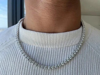 16 TCW Lab Created Diamond Round Cut Men's Tennis Necklace 14k White Gold Plated - Image 1 of 4