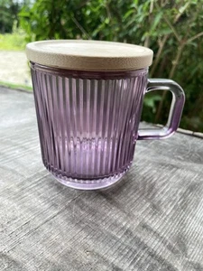 Iridescent Lavender Glass Coffee Mug Wood Lid/Coaster Vertical Stripes 12 Oz - Picture 1 of 9