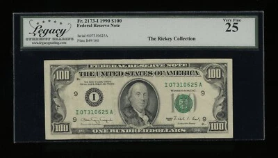 DBR 1990 $100 FRN Minneapolis Fr. 2173-I Legacy 25 Serial I07310625A - Image 1 of 2