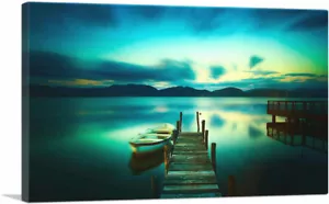 ARTCANVAS Wooden Pier Lake Tuscany Italy Green Sunset Canvas Art Print - Picture 1 of 11