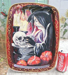 Original HALLOWEEN Witch TRAY Pumpkin FOLK ART Signed SKULL Hand Painted OOAK - Picture 1 of 7