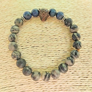 Tiger Eye Natural Black Blue Stones Rare Vintage And Head Tiger Metal Bracelet - Picture 1 of 15