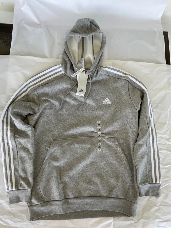 Adidas Sweatshirt Mens L Gray Essentials Fleece 3 Stripes Pullover Hoodie