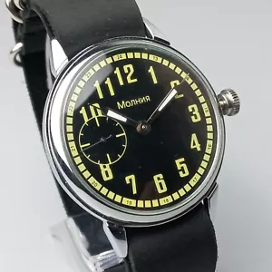 Marriage Vintage Uhr Sowjetische Herren Armbanduhr mit Lederband schwarzes Ziffernblatt - Bild 1 von 12
