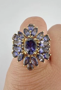 Designer 10k Yellow Gold 5.00ct Natural Purple Iolite Floral Cluster Ring - Picture 1 of 8