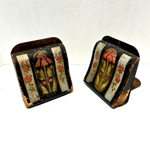 Antique Metal and Wood Hand Painted Floral Book Ends Lot of 2 - Picture 1 of 6