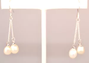 STERLING SILVER DOUBLE OVAL FRESHWATER PEARL & CHAIN DANGLE PIERCED EARRINGS - Picture 1 of 5