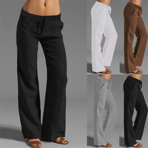 Women's Summer Drawstring Waist Wide Leg Loose Cotton Linen Palazzo Pants - Picture 1 of 25