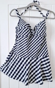 LADIES NAVY BLUE/WHITE CHECK HALTERNECK SKIRT SWIMMING COSTUME SIZE 18 - Picture 1 of 4