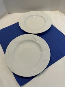 Pottery Barn Seashore 10.75" Dinner Plates Set of TWO White With Raised Seashell - Picture 1 of 5