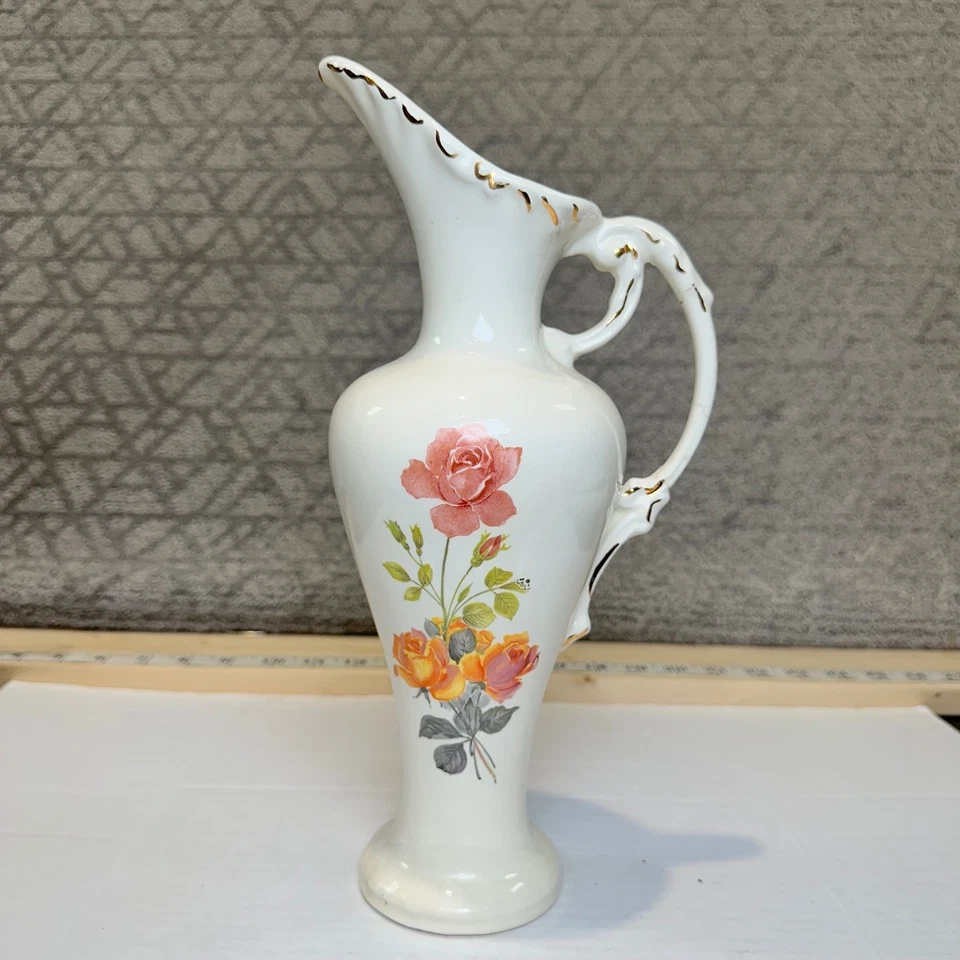 Jarrón vintage de porcelana crema floral rosas borde dorado mango decoración del hogar Foto 1 de 4