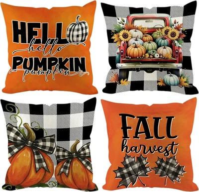 Juego de 4 fundas de almohada de calabaza de otoño de 18x18 pulgadas, lino otoño al aire libre Thanksgivin Foto 1 de 4