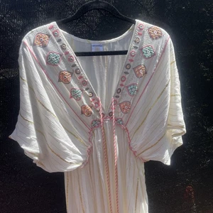 ananta size L/XL cream Boho flowy maxi dress embroidered gold striped New - Picture 1 of 9