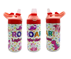 Dinosaurio Personalizado Niños Botella de Agua Bebidas Tapa Abatible Pajita Deportes Escuela Nombre - Imagen 1 de 7