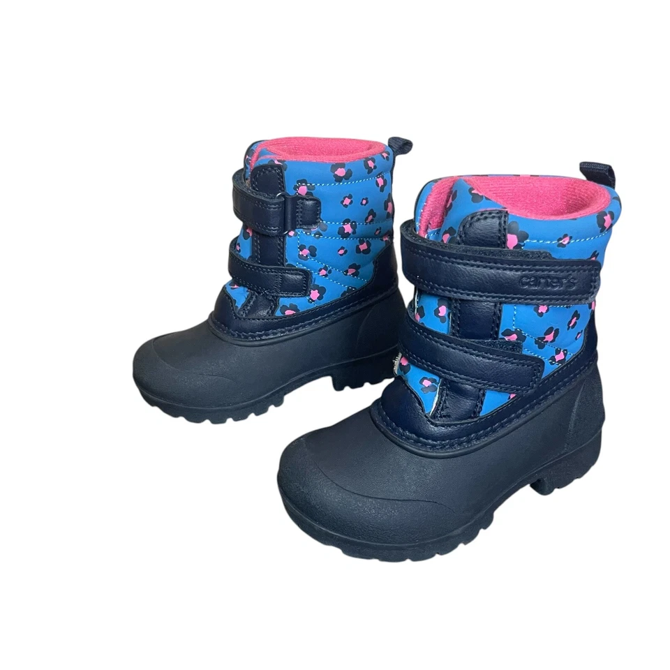 Carters Toddler Girls Navy Pink Deltha Leopard Cheetah Snow Boot 8M Winter Sled - Image 1 of 4