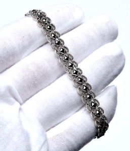 SOLID Sterling Silver and Diamond-Shaped Black Onyx Link Bracelet for women US
